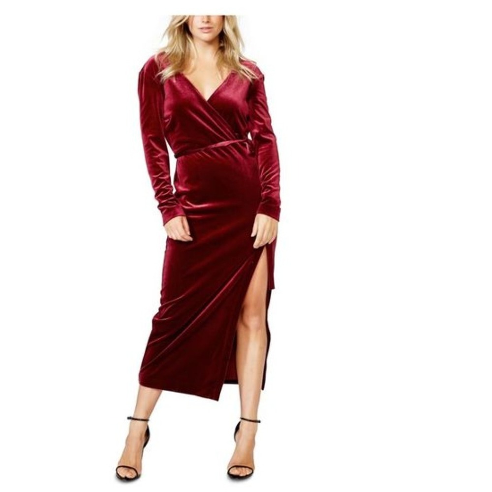 Bardot Morgan Velvet Wrap Dress US 6 Burgundy Long Sleeve V-Neck Midi Luxe Wine